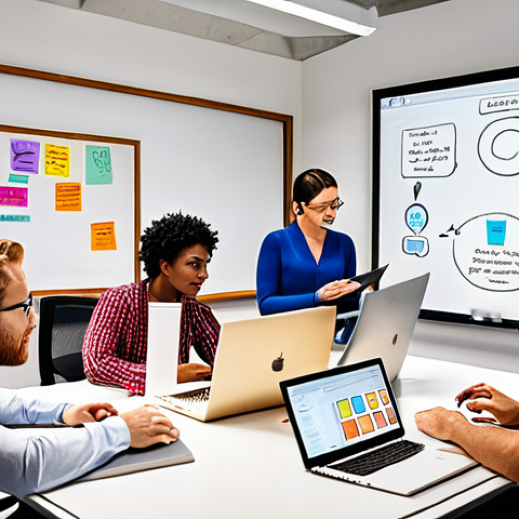 ** A diverse team of art professionals collaborating in a modern, light-filled office. Some are working on laptops, others are brainstorming around a whiteboard filled with colorful ideas. The atmosphere is relaxed and supportive. The image should convey creativity, teamwork, and open communication.

**