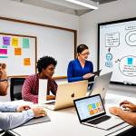 ** A diverse team of art professionals collaborating in a modern, light-filled office. Some are working on laptops, others are brainstorming around a whiteboard filled with colorful ideas. The atmosphere is relaxed and supportive. The image should convey creativity, teamwork, and open communication.

**