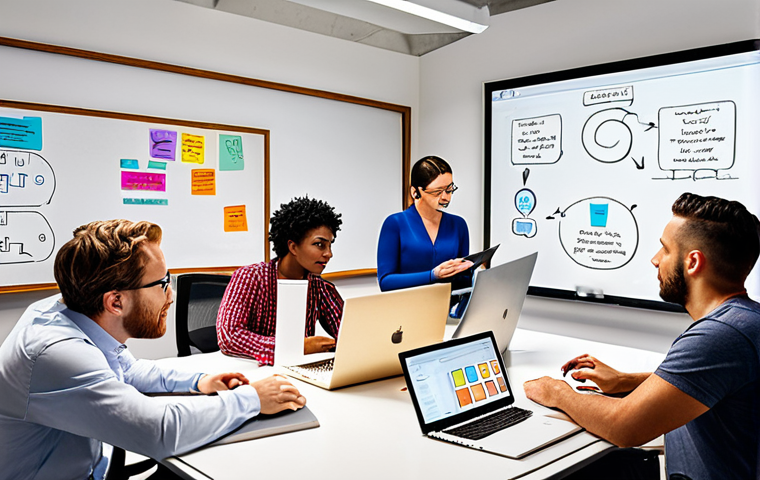 ** A diverse team of art professionals collaborating in a modern, light-filled office. Some are working on laptops, others are brainstorming around a whiteboard filled with colorful ideas. The atmosphere is relaxed and supportive. The image should convey creativity, teamwork, and open communication.

**
