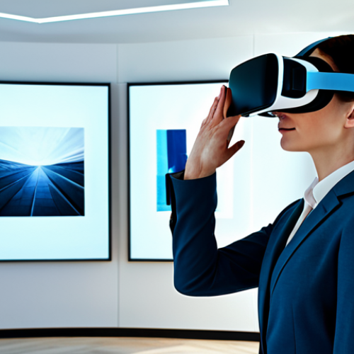 Home 17 A professional individual, fully clothed in modern business casual attire, is immersed in a virtual reality art exhibition, wearing a sleek, futuristic VR headset. They are standing in a bright, contemporary living space, with subtle futuristic elements. The virtual environment visible through the headset's subtle glow shows a grand, detailed art gallery interior with various artworks. Perfect anatomy, correct proportions, natural pose, well-formed hands, proper finger count, natural body proportions. High-resolution digital art, professional photography, appropriate content, safe for work, professional, family-friendly.