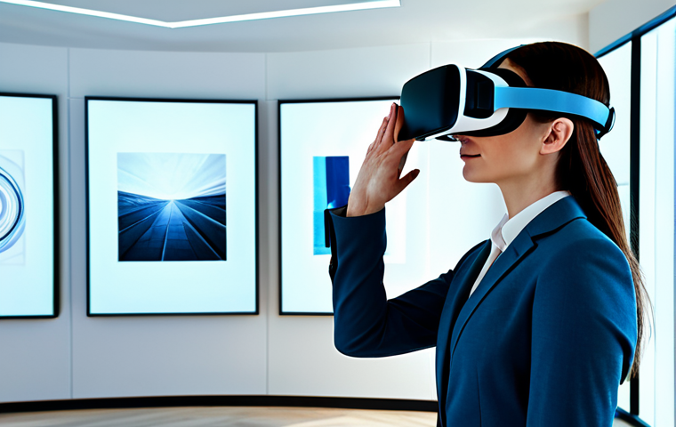 A professional individual, fully clothed in modern business casual attire, is immersed in a virtual reality art exhibition, wearing a sleek, futuristic VR headset. They are standing in a bright, contemporary living space, with subtle futuristic elements. The virtual environment visible through the headset's subtle glow shows a grand, detailed art gallery interior with various artworks. Perfect anatomy, correct proportions, natural pose, well-formed hands, proper finger count, natural body proportions. High-resolution digital art, professional photography, appropriate content, safe for work, professional, family-friendly.