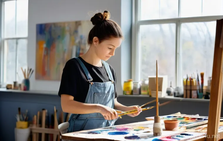 미술문화기획사의 예산 관리 방법 - **Prompt 1: Creative Artist in a Studio**
"A young, determined female artist, around 25 years ol...