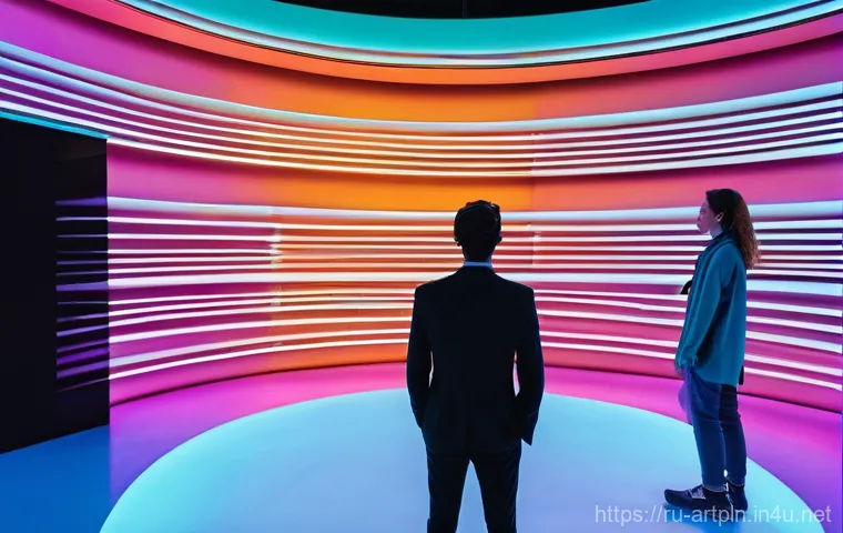 미술문화기획사의 글로벌 트렌드 분석 - **Prompt:** A futuristic, immersive digital art gallery experience. Visitors, dressed in stylish, co...