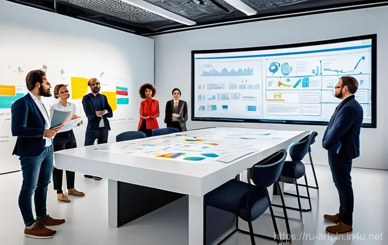 미술문화기획사의 직무 수행 중 리스크 관리 - **Prompt:** A diverse team of creative professionals, dressed in smart casual attire, engaged in a d...