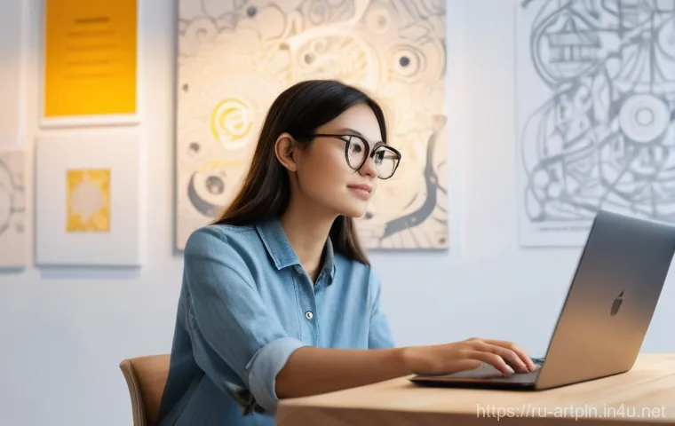 미술문화기획사 관련 이직 사유 분석 - "A female art professional, in her late 20s, dressed in smart-casual attire, sits in a bright, moder...