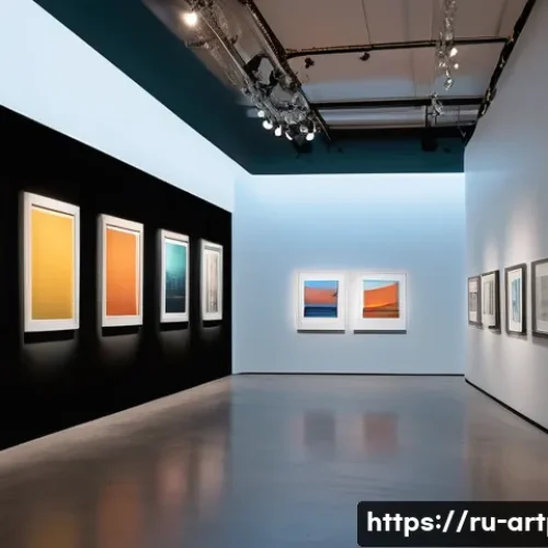미술문화기획사와 전시 디자이너의 협업 사례 - A modern exhibition space showcasing an art gallery with immersive lighting design: warm soft lights...
