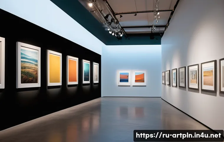 미술문화기획사와 전시 디자이너의 협업 사례 - A modern exhibition space showcasing an art gallery with immersive lighting design: warm soft lights...