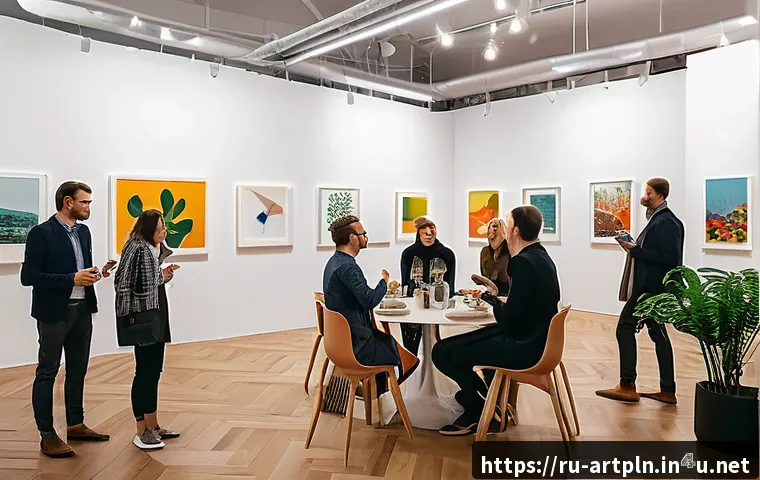 미술문화기획사 업계에서의 네트워킹 팁 - A lively art networking event in Moscow, featuring a diverse group of professionals in smart casual ...