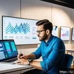 Home 21 미술문화기획사의 최신 채용 동향 분석 - A modern art manager working in a bright, contemporary office filled with digital screens displaying...