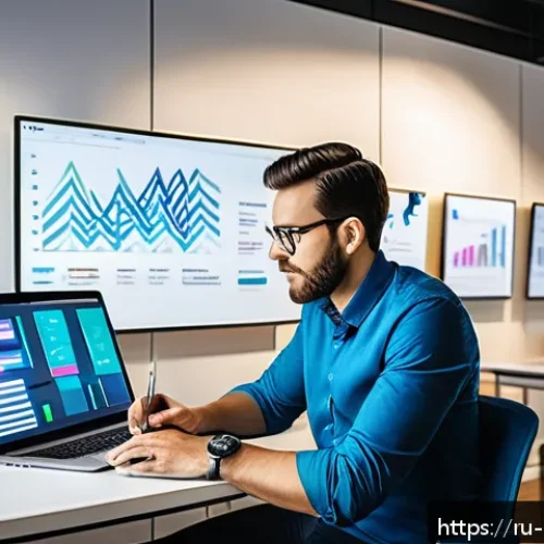 Home 33 미술문화기획사의 최신 채용 동향 분석 - A modern art manager working in a bright, contemporary office filled with digital screens displaying...