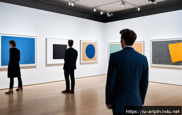 미술문화기획사 입문을 위한 추천 도서 - A modern art curator in a stylish gallery setting, thoughtfully arranging contemporary artworks on t...