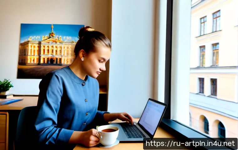 Home 17 미술문화기획사로서의 워라밸 유지 방법 - Photorealistic art cultural planner in a calm Saint Petersburg studio office, organizing colorful ex...